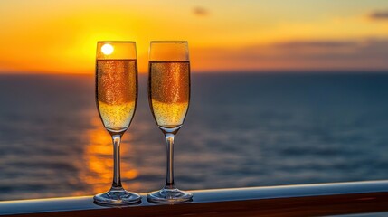 Sparkling flutes toast sunset ocean view