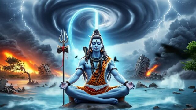 Powerful depiction of lord shiva meditating amidst apocalyptic natural disaster with lightning storm in background