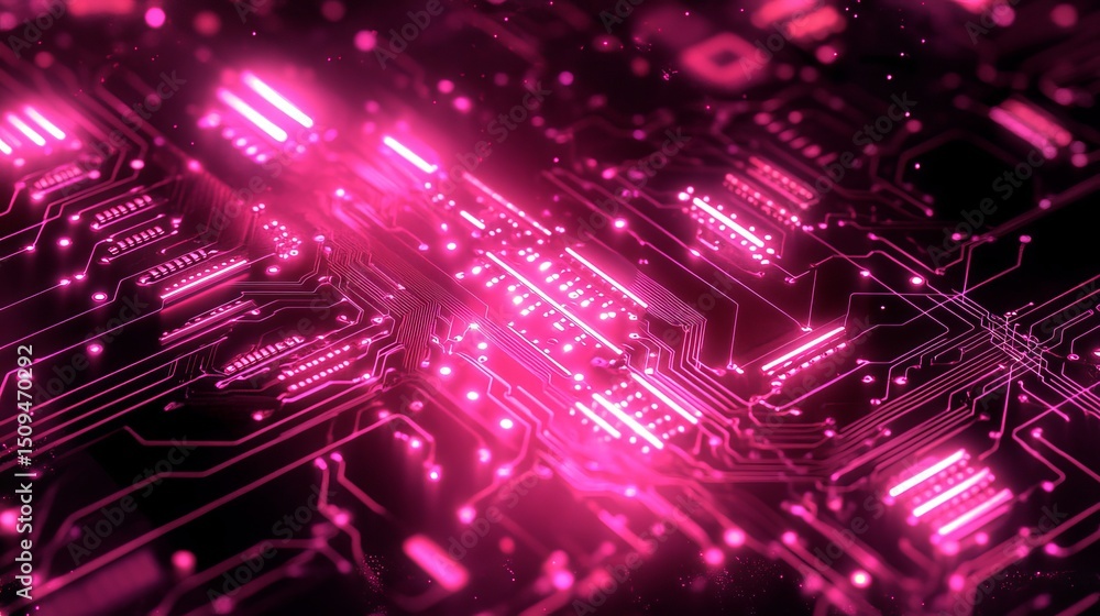 Poster abstract pink circuit board technology background digital art futuristic neon glowing lines network 