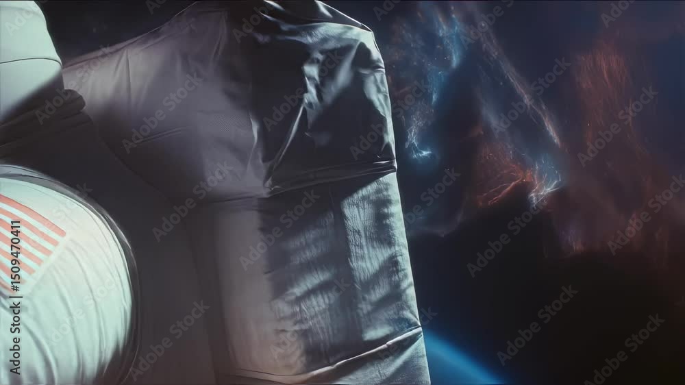 Poster astronaut wearing a spacesuit with the american flag patch floats in the vast expanse of space, eart