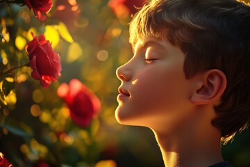 Fototapeta premium A boy in profile, smelling roses in the garden.