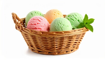 Ice cream scoops in waffle basket isolated on white background