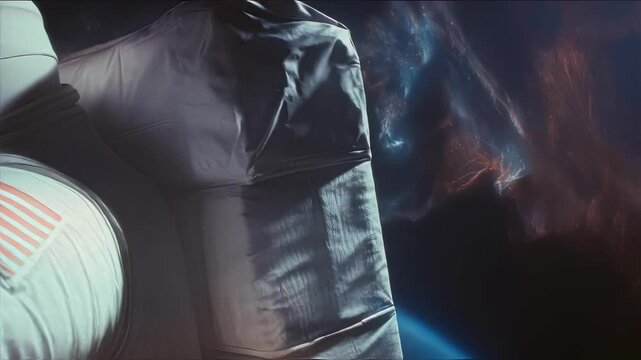 Astronaut wearing a spacesuit with the american flag patch floats in the vast expanse of space, earth and the moon visible in the background, creating a stunning visual of space exploration