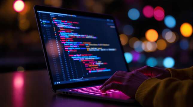 hands programming on laptop with lights