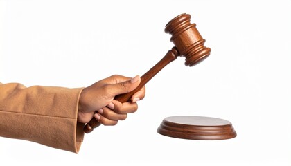 judge's hand holding a gavel to make a decision isolated on white background