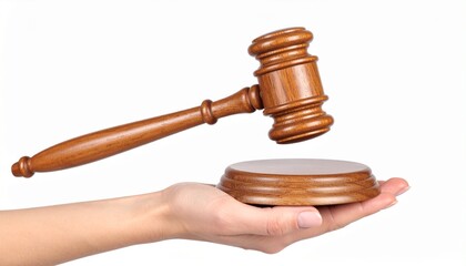 judge's hand holding a gavel to make a decision isolated on white background