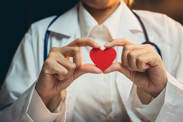 Health care concept. Doctor Holding Red Heart Symbolizing Care and Compassion in Healthcare and...