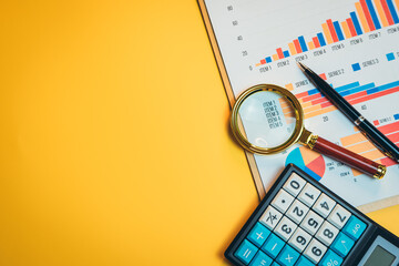 Business concept. Business analysis and financial report showcasing growth trends with calculator,...