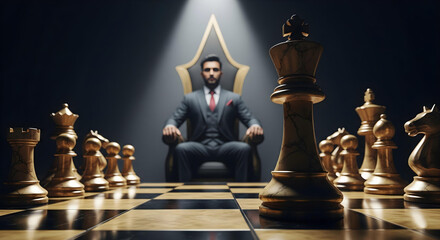 Chess Strategy Concept with Golden King Piece Under Spotlight, Dark Cinematic Mood, Businessman in Suit in Background, Gold and Grey Aesthetic for Success and Leadership Themes