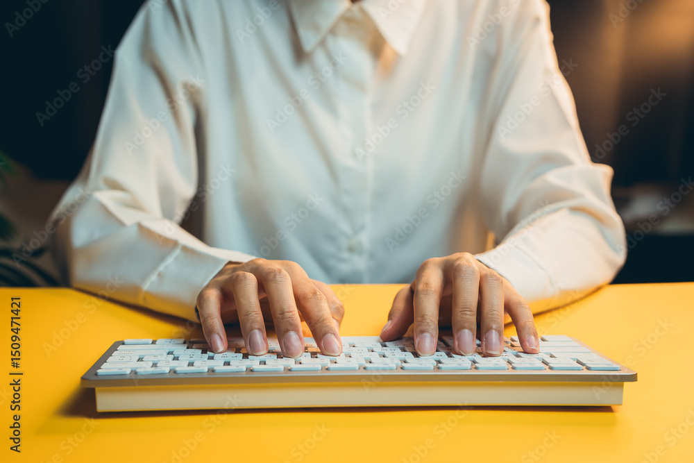 Poster business concept. close-up of hands typing on a computer keyboard in a bright workspace with focus o