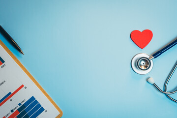 Medical concept. Medical Chart with Stethoscope, Red Heart, and Pen on Light Blue Background for...