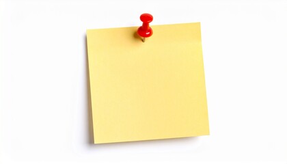 Yellow sticky post it note with red pushpin isolated on