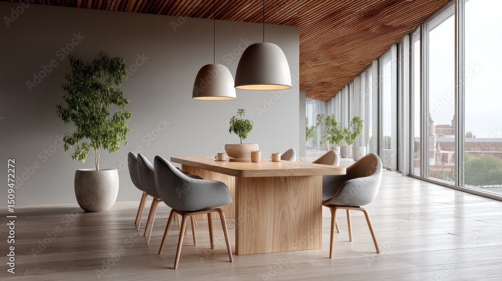 Poster Sleek dining area features a wooden table surrounded by comfortable chairs. Large windows enhance the space with natural light and houseplants add a touch of greenery, creating a serene atmosphere