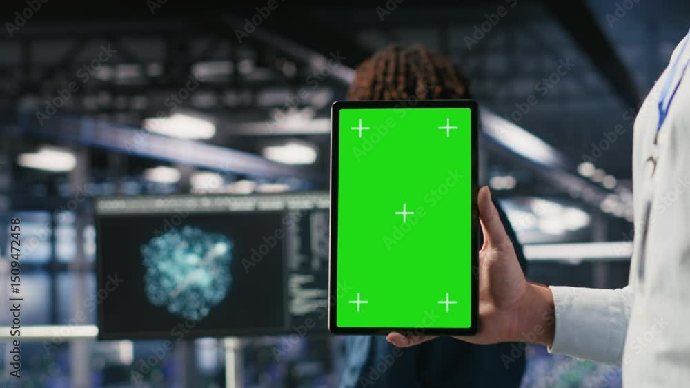 Poster close up of data center employee doing maintenance tasks on isolated screen tablet, ensuring optimal