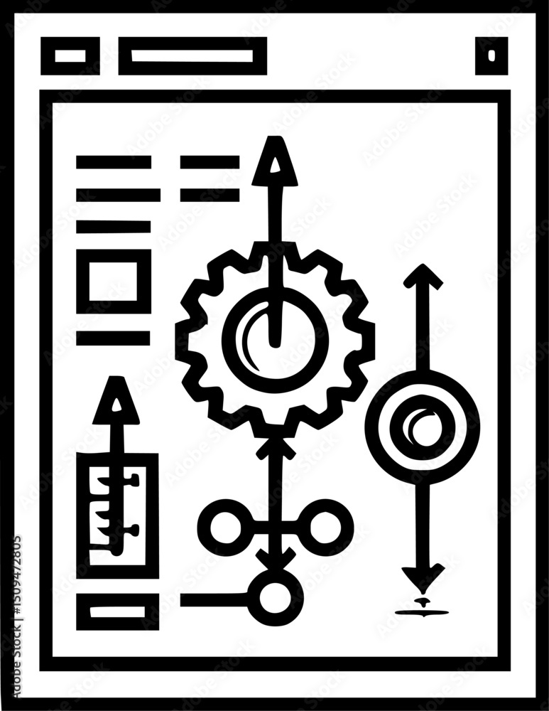 Poster window contains iconssymbols w gear arrows pointing updown circles and lines