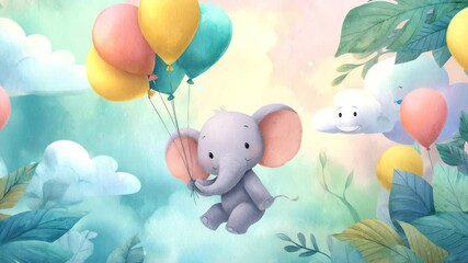 Adorable baby elephant floating with colorful balloons in a dreamy pastel sky, surrounded by clouds and leaves in a whimsical fantasy world.
- Powered by Adobe