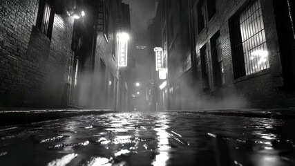 Mysterious black and white alleyway at night with wet cobblestones, glowing signs, and thick fog, evoking noir vibes and cinematic tension.


