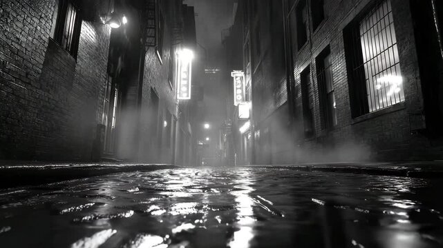 Mysterious black and white alleyway at night with wet cobblestones, glowing signs, and thick fog, evoking noir vibes and cinematic tension.

