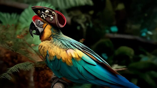 Colorful macaw parrot wearing a brown pirate hat adorned with skulls and crossbones in lush tropical foliage