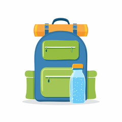 A compact travel backpack with rolled-up map and water bottle
