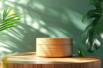 Natural beauty product with wooden podium texture