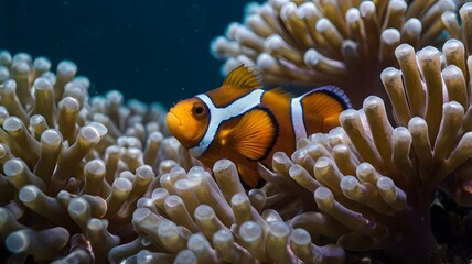 Clownfish swimming among coral tentacles