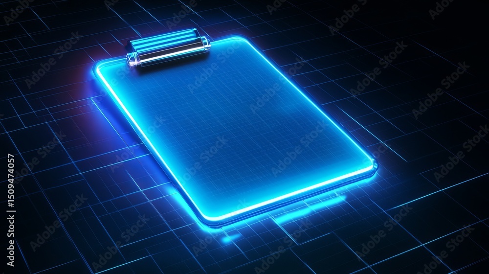 Poster neon blue glowing clipboard digital technology interface modern futuristic abstract background desig