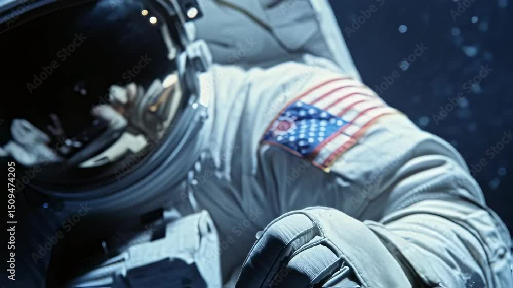 Poster astronaut wearing a spacesuit with an american flag patch points a finger towards the viewer, floati