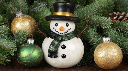 Charming Snowman Christmas Ornament Figurine with Festive Balls and Pine Branches