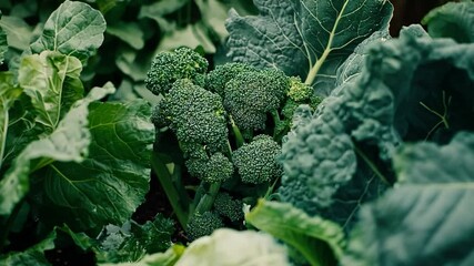 Close-up view of fresh green broccoli growing in a field. Organic vegetable garden - Powered by Adobe