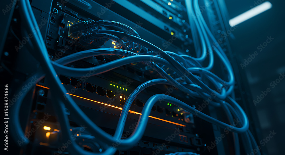 Aufkleber network server rack with blinking lights and cables - data center technology connection background