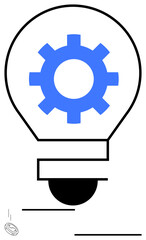 Lightbulb with blue gear inside symbolizing innovation, technology, creativity, and problem-solving. Ideal for business, engineering, development, brainstorming, growth and simple landing page
