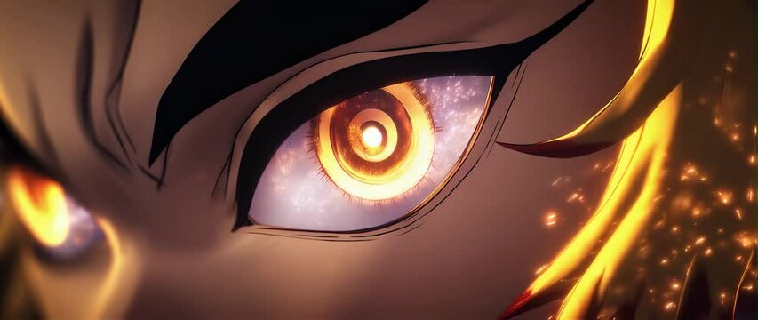 Anamorphic video Closeup of an anime character's one eye with light reflecting on the iris