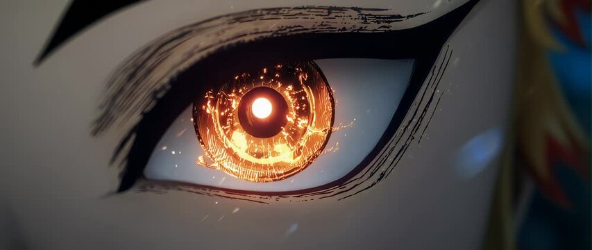 Anamorphic video Closeup of an anime character's one eye with light reflecting on the iris