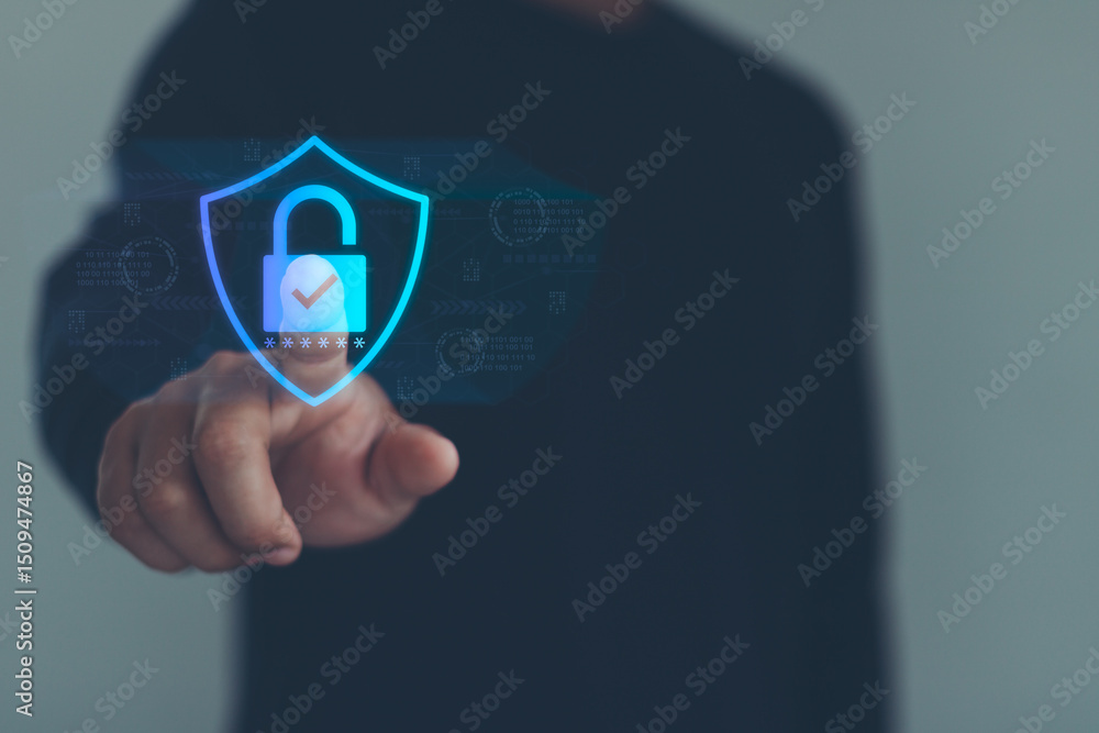 Poster businessman touching on virtual screen key lock for secure access, multi factor authentication, digi