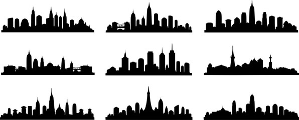 Fototapeta premium City silhouette vector set. Panorama city background. Skyline urban border collection. 