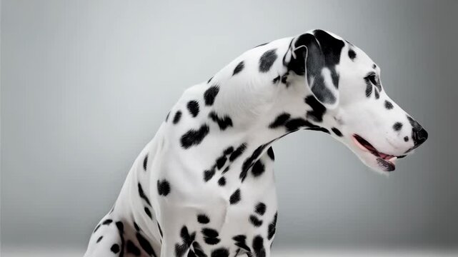 Close-up portrait of a yawning Dalmatian dog with black spots against a gray background, showing tongue, teeth, and uvula
