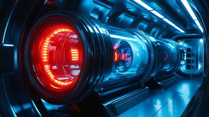 Obraz premium Futuristic SciFi Red Blue Capsules Cryo Sleep Pods Medical Technology Digital Art Abstract Background Modern Design Spaceship Interior Neon Lights Cinematic Lighting High Tech 