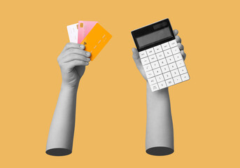 Female hands with credit cards and calculator on yellow background