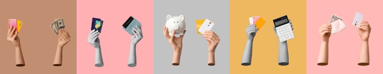Many hands with credit cards, calculator, piggy bank and money on color background
