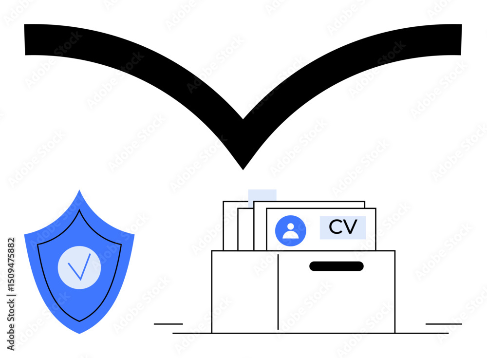 Poster document box with cv files, verified check mark on shield icon, large check mark. ideal for recruitm