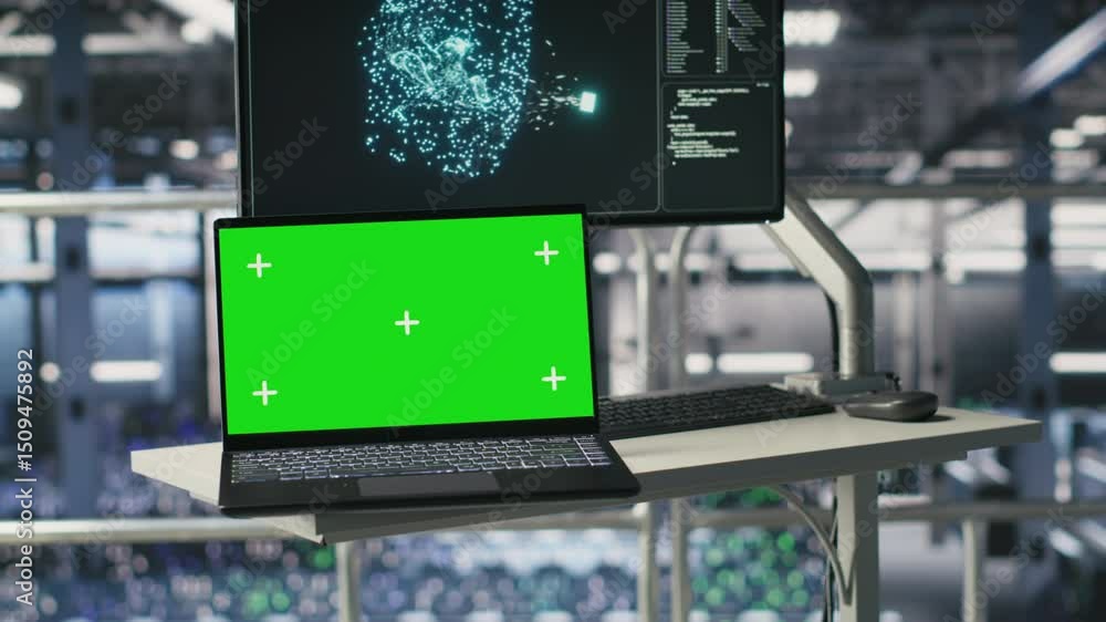 Poster isolated screen laptop automating supercomputers hardware inside server hub. chroma key notebook in 