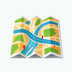 A folded paper map with marked route
