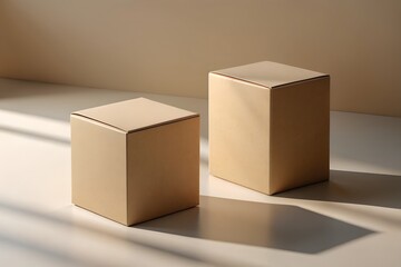 Two beige cardboard boxes on light background with sunlight and shadows creating minimalist aesthetic ideal for packaging mockup or branding