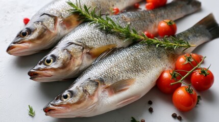 Fototapeta premium Three whole sea bass fish are beautifully arranged with fresh herbs and ripe cherry tomatoes, showcasing their stunning silver skin and inviting appearance, perfect for a delicious meal