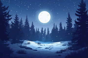 Nighttime forest scene with strong moonlit contrast
