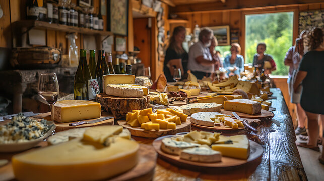 A rustic display of assorted cheeses and wines in a cozy, wooden interior with people in the background.