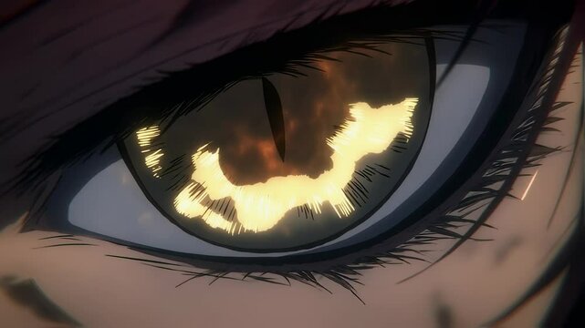 Closeup of an anime character's one eye with light reflecting on the iris 