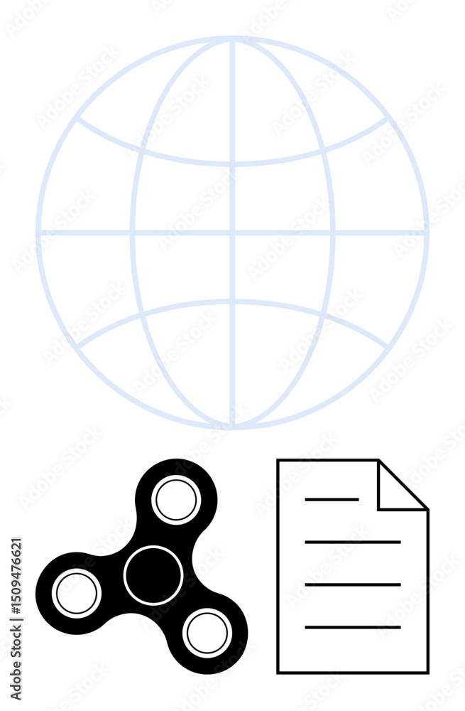 Poster globe symbolizing global reach, fidget spinner for focus, document for productivity. ideal for commu