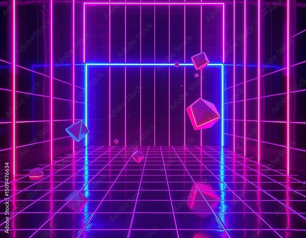 Leinwandbilder Mesmerizing Grid A 3d Neon Landscape, With Floating Shapes. Illuminated Floor Below And Sharp Shadow Play. Dynamic Background With Futuristic, Abstract Themes. Add Depth And Visual Interest.